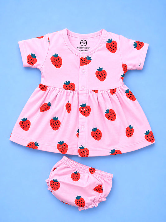 Half Sleeve Frock & Panty Set - Strawberry Print