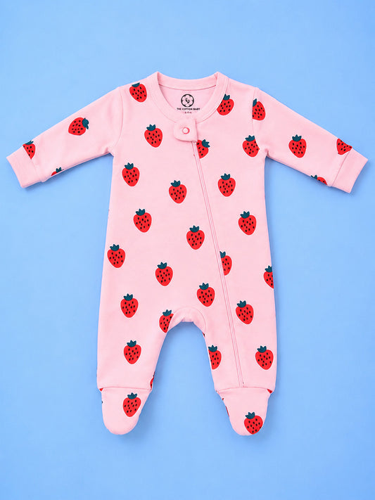 Full Body Romper with Footies - Strawberry Print