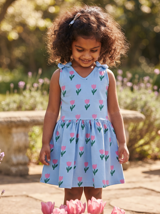 light blue sleeveless dress with a pink tulip pattern