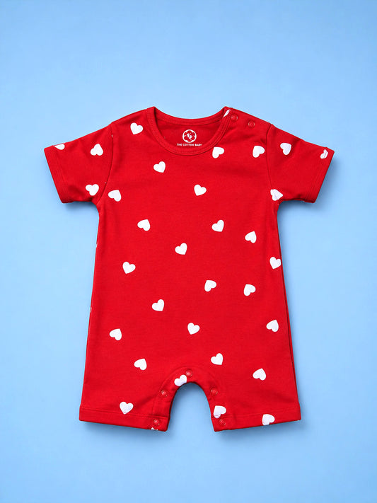 Half Sleeve Half Leg Romper - Red White Heart Print