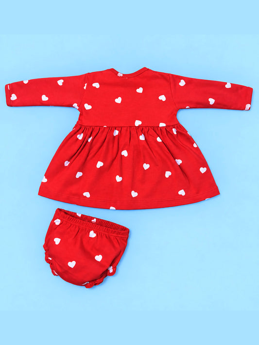 Full Sleeve Frock & Panty Set - Red White Heart Print