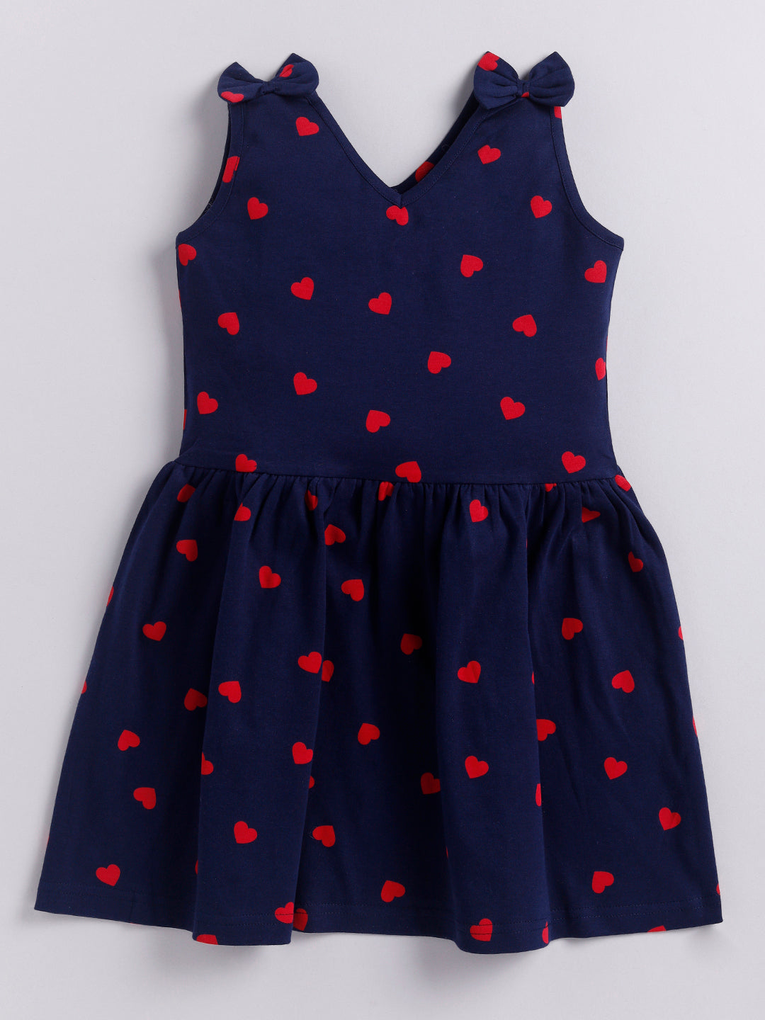 Red Heart Print Sleeve less Frock with Bow