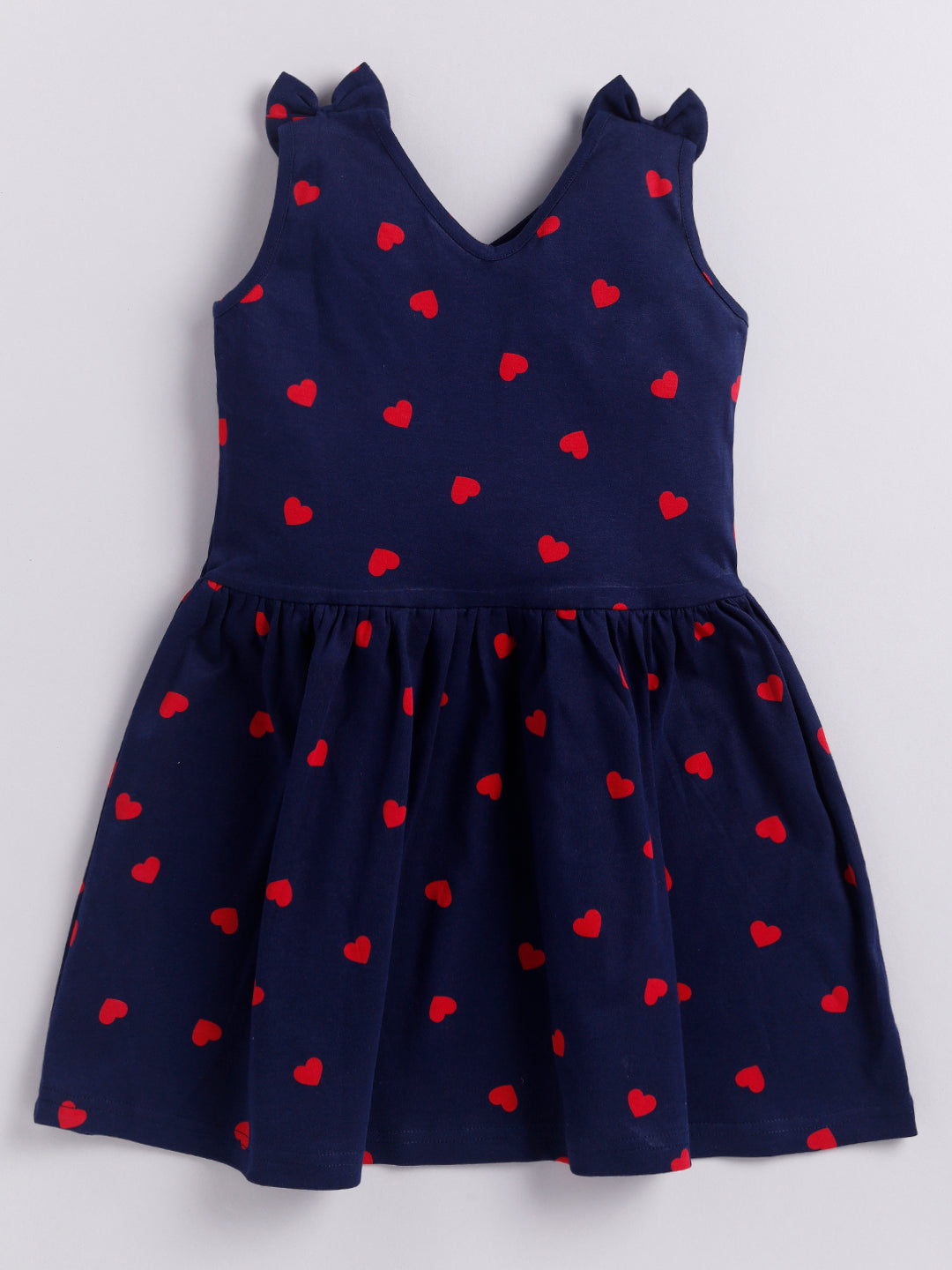 Red Heart Print Sleeve less Frock with Bow