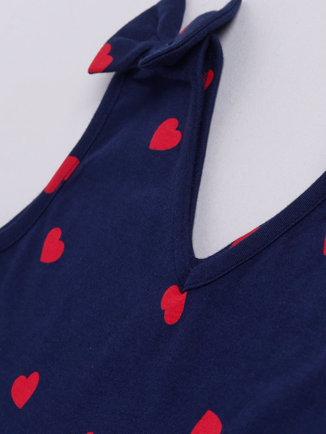 Red Heart Print Sleeve less Frock with Bow