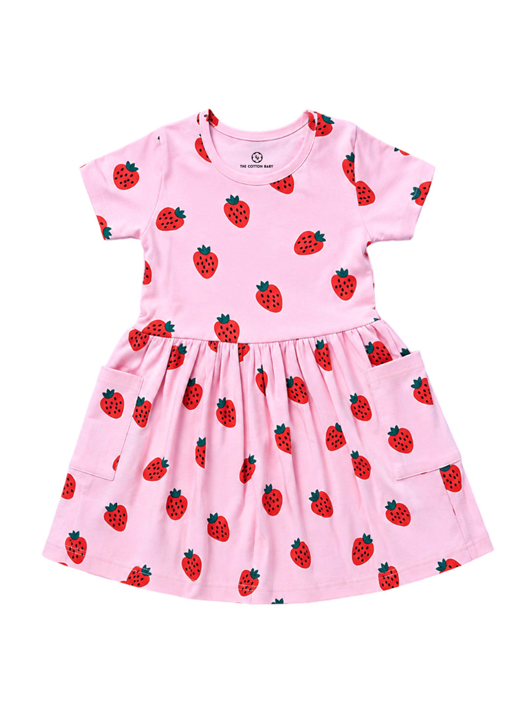 Girl Half Sleeve Frock With Pocket- Strawberry Print