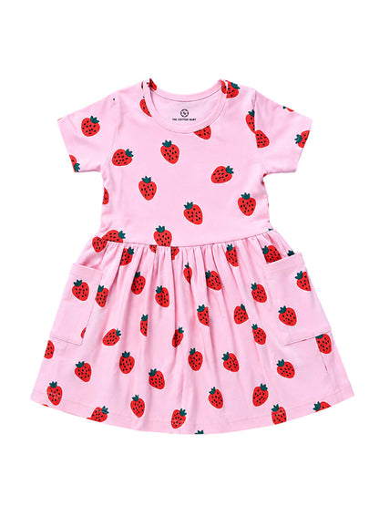 Girl Half Sleeve Frock With Pocket- Strawberry Print