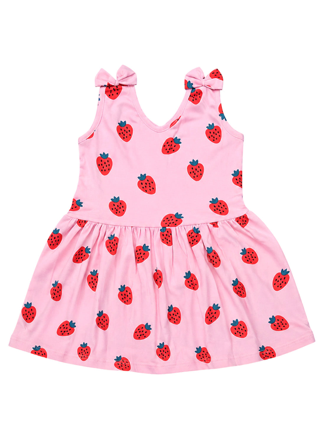 Girl Sleeveless Frock With Bow - Strawberry Print