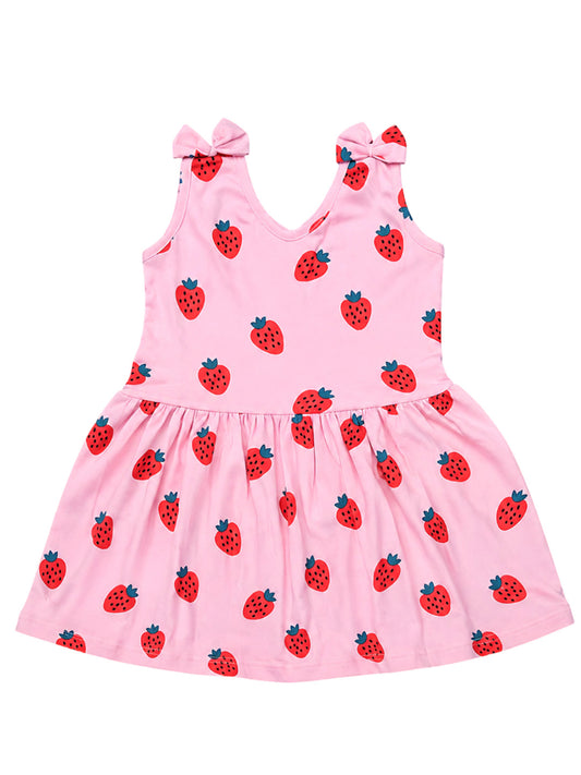 Girl Sleeveless Frock With Bow - Strawberry Print