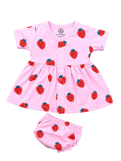 Half Sleeve Frock & Panty Set - Strawberry Print