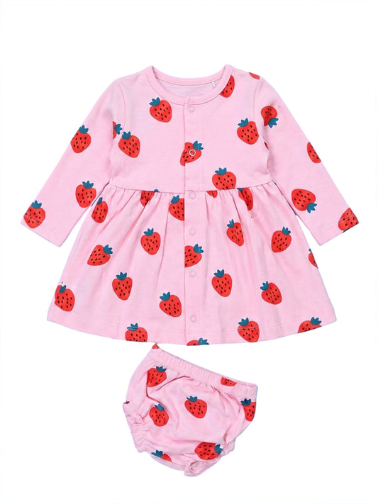 Full Sleeve Frock & Panty Set - Strawberry Print