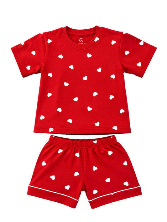 Half Sleeve T-Shirt & Shorts Set - Red White Heart Print