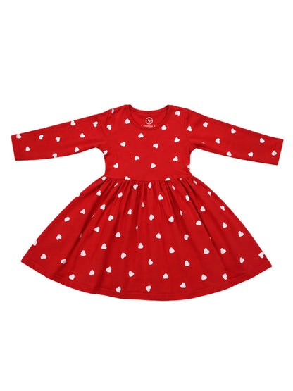 Full Sleeve Frock - Red White Heart Print