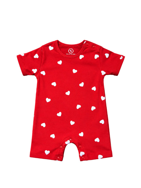 Half Sleeve Half Leg Romper - Red White Heart Print