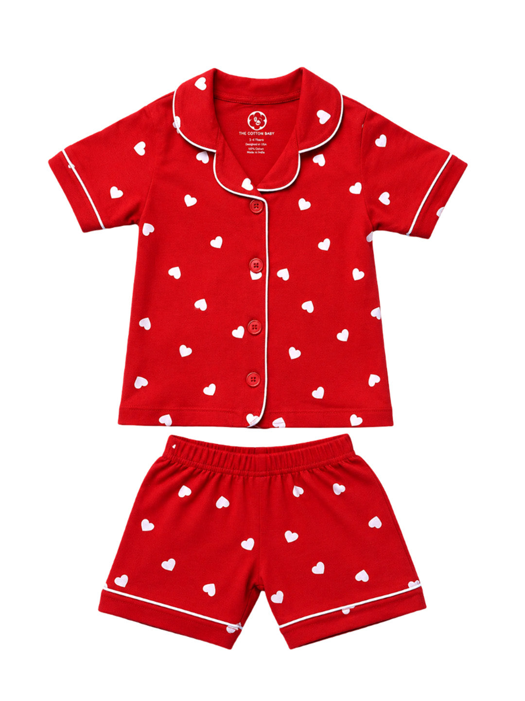 Half Sleeve Night Suit For Boys and Girls - Red White Heart Print