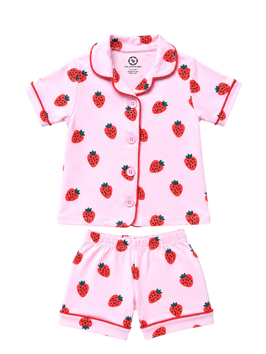 Half Sleeve Night Suit For Boys and Girls - Strawberry Print