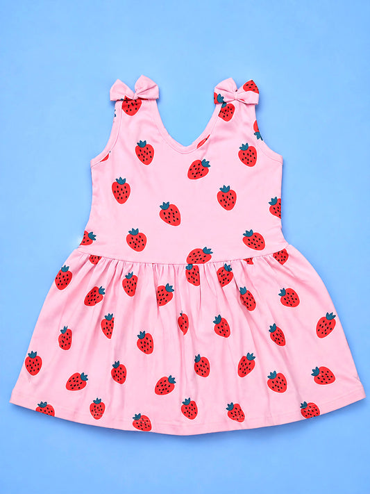 Girl Sleeveless Frock With Bow - Strawberry Print