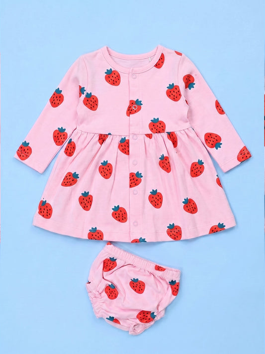 Full Sleeve Frock & Panty Set - Strawberry Print