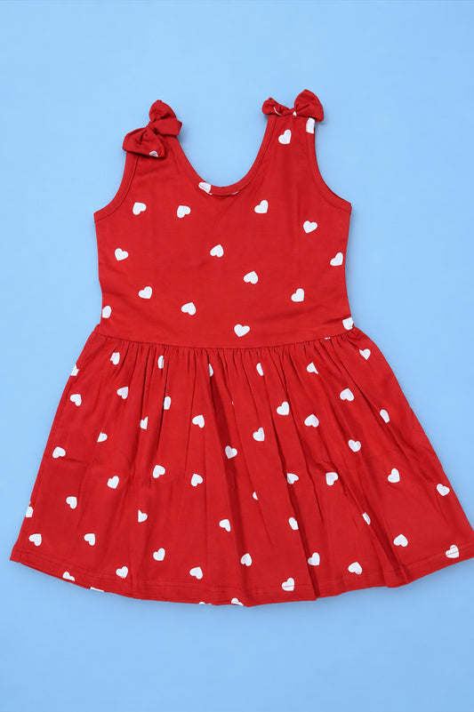 Sleeve Less Frock - Red White Heart Print