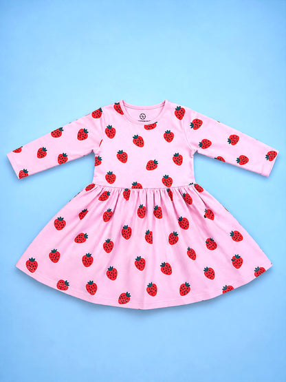 Girl Full Sleeve Frock - Strawberry Print