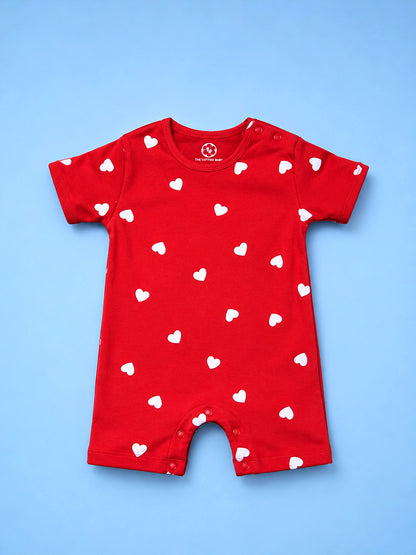 Half Sleeve Half Leg Romper - Red White Heart Print