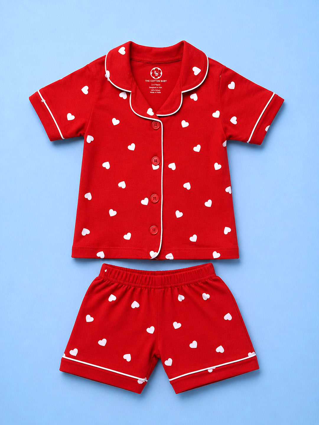 Half Sleeve Night Suit For Boys and Girls - Red White Heart Print