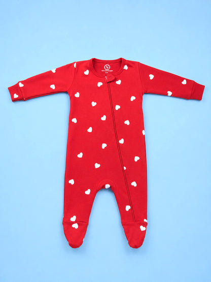 Full Body Romper with Footies - Red White Heart  Print