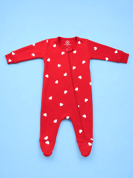 Full Body Romper with Footies - Red White Heart  Print