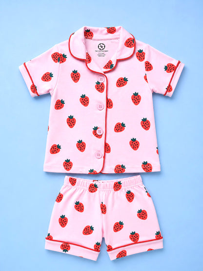 Half Sleeve Night Suit For Boys and Girls - Strawberry Print