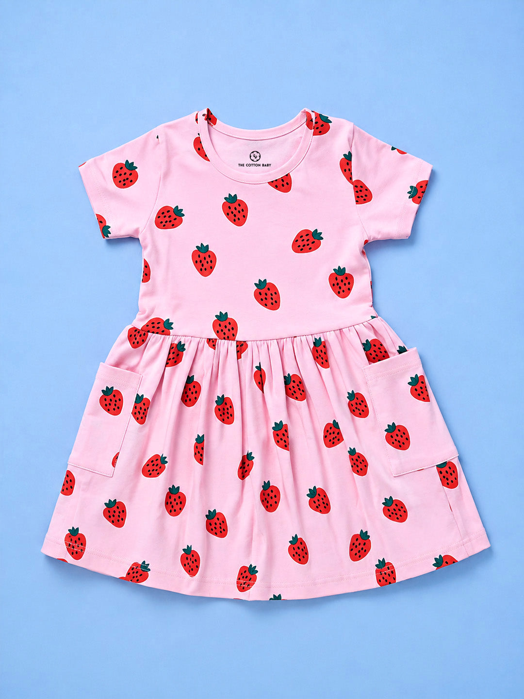 Girl Half Sleeve Frock With Pocket- Strawberry Print