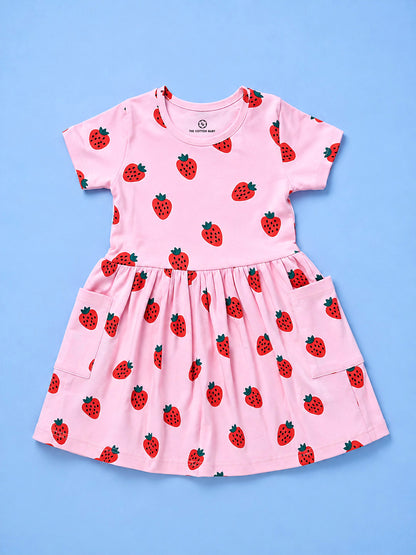 Girl Half Sleeve Frock With Pocket- Strawberry Print