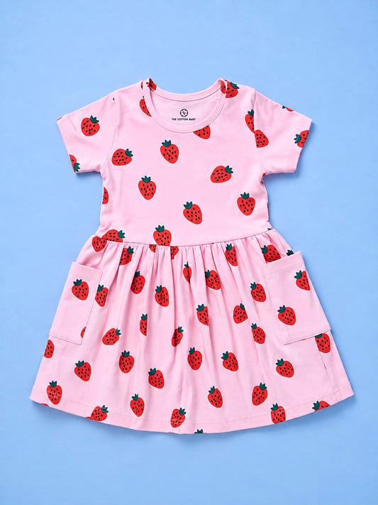 Girl Half Sleeve Frock With Pocket- Strawberry Print