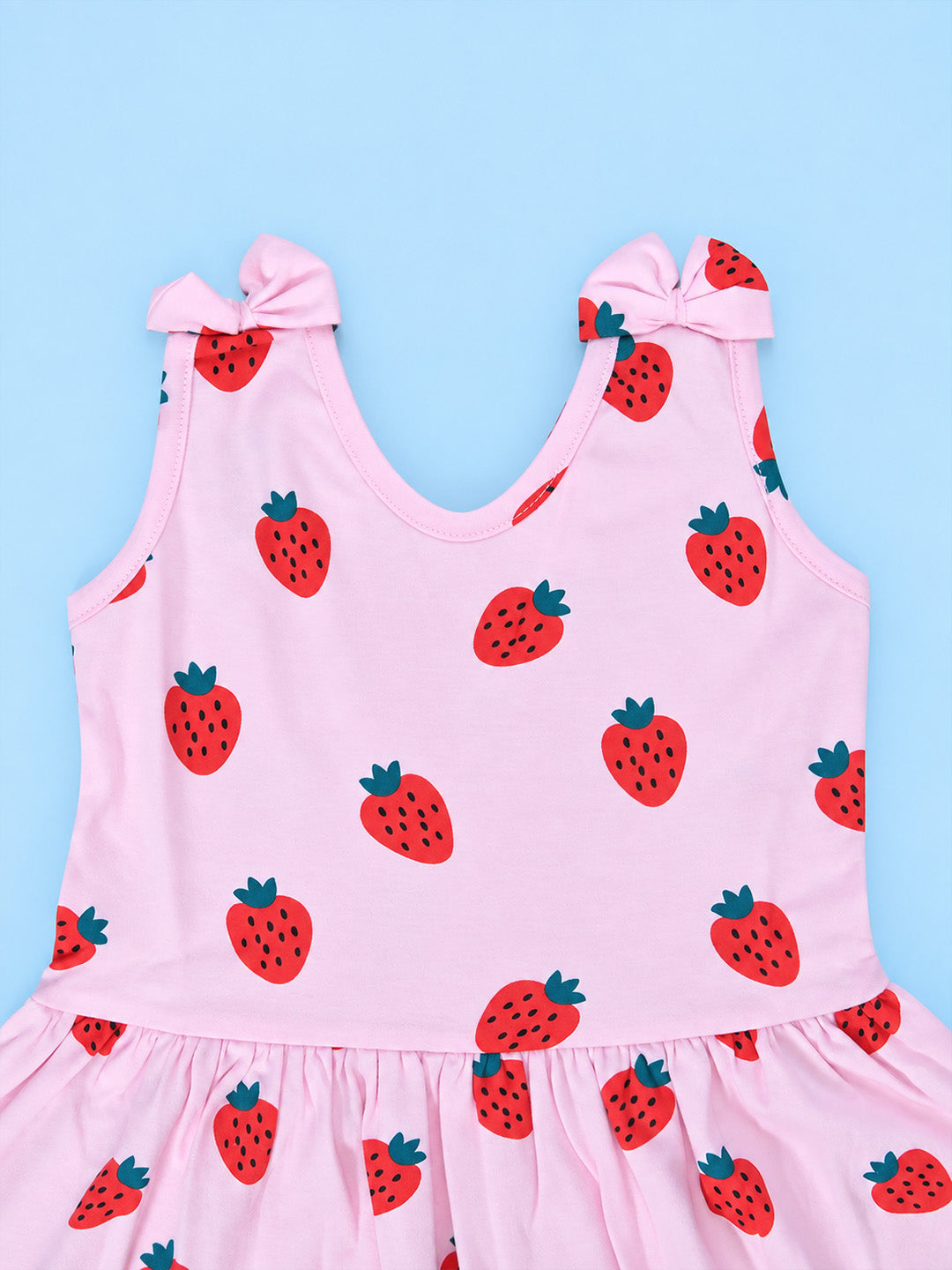 Girl Sleeveless Frock With Bow - Strawberry Print
