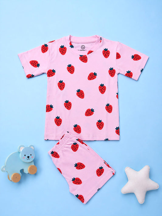 Half Sleeve T-Shirt & Shorts Set - Strawberry Print