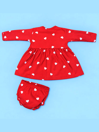 Full Sleeve Frock & Panty Set - Red White Heart Print