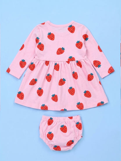 Full Sleeve Frock & Panty Set - Strawberry Print