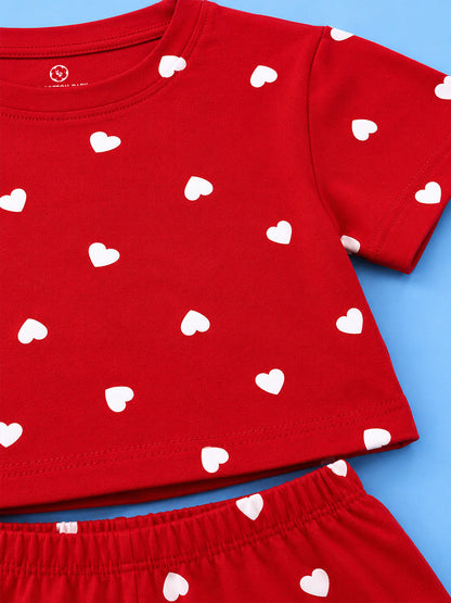 Half Sleeve T-Shirt & Shorts Set - Red White Heart Print
