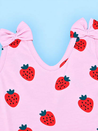 Girl Sleeveless Frock With Bow - Strawberry Print