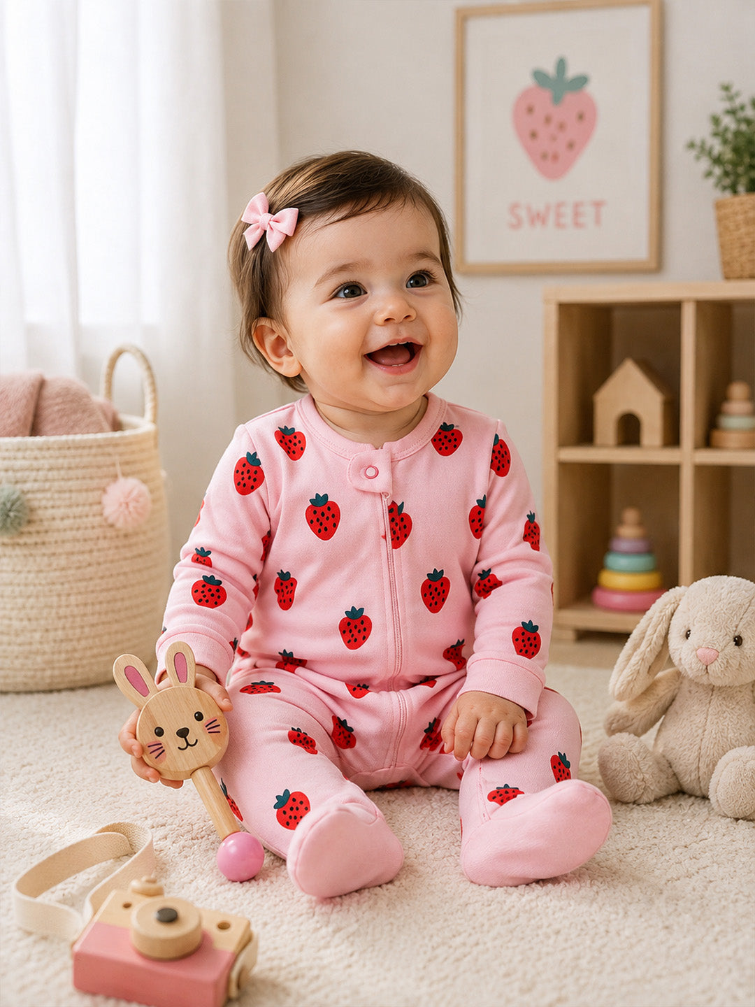 Full Body Romper with Footies - Strawberry Print