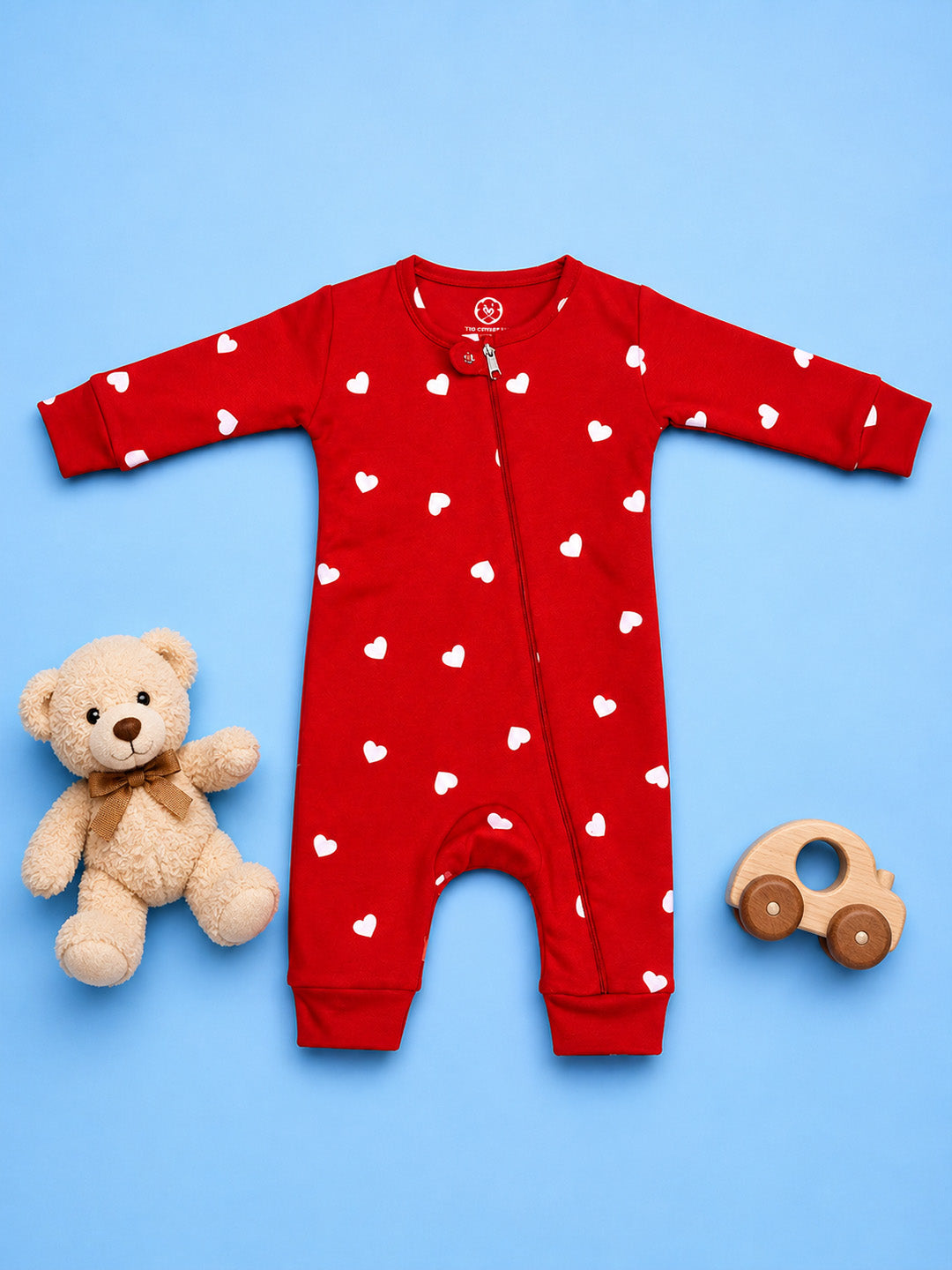 Full Body Romper Open Leg- Red White Heart Print