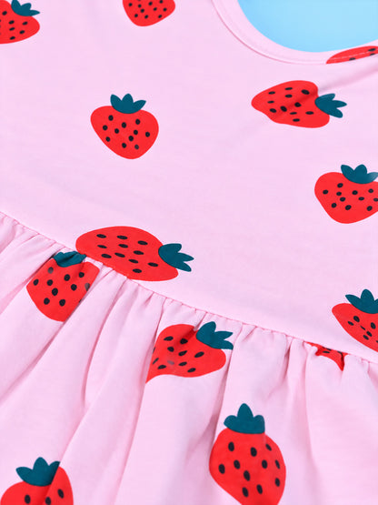 Girl Sleeveless Frock With Bow - Strawberry Print