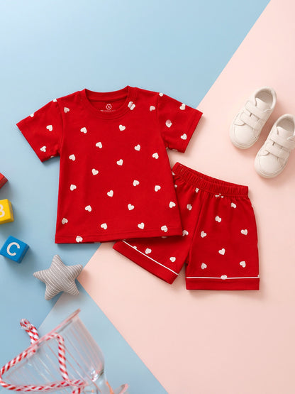 Half Sleeve T-Shirt & Shorts Set - Red White Heart Print