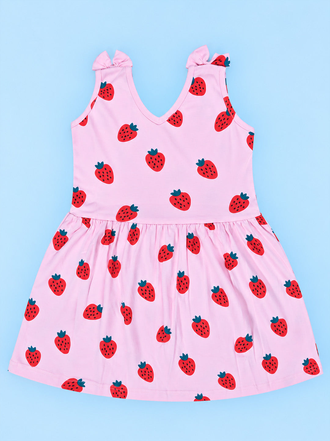 Girl Sleeveless Frock With Bow - Strawberry Print