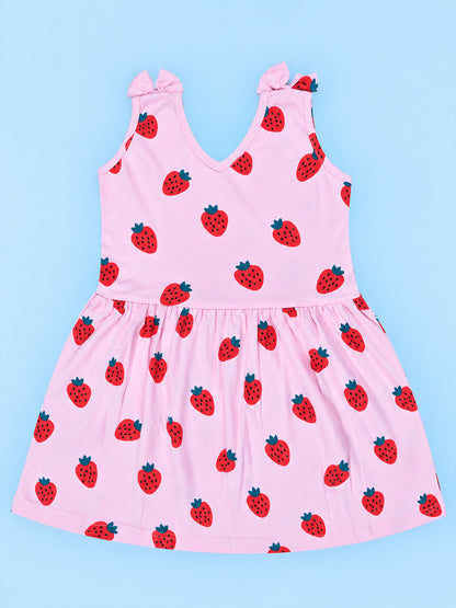 Girl Sleeveless Frock With Bow - Strawberry Print