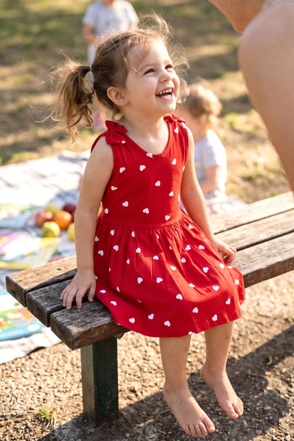 Sleeve Less Frock - Red White Heart Print