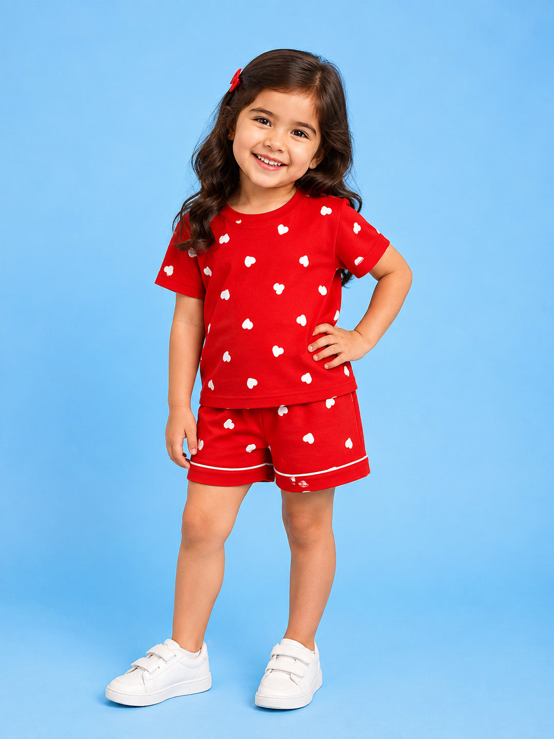 Half Sleeve T-Shirt & Shorts Set - Red White Heart Print