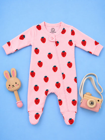 Full Body Romper with Footies - Strawberry Print