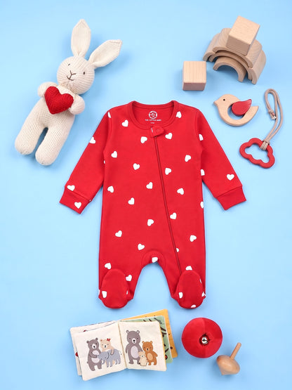 Full Body Romper with Footies - Red White Heart  Print