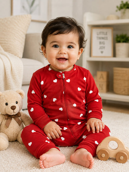 Full Body Romper Open Leg- Red White Heart Print