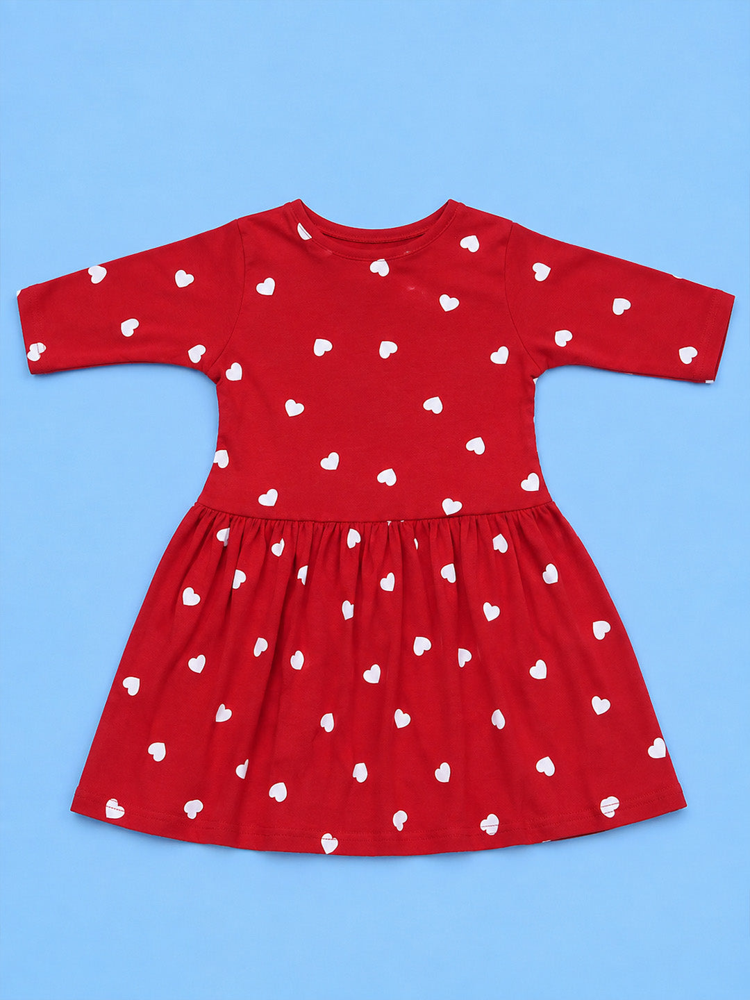 Full Sleeve Frock - Red White Heart Print