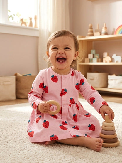 Full Sleeve Frock & Panty Set - Strawberry Print